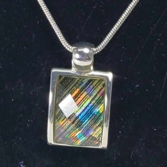 Silver tone Multicolor Rectangular Pendant Necklace with Matching Earrings - Picture 5 of 10